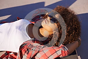 Black woman, sunglasses and think with skateboard at skatepark or outdoor to think, vision and contemplate in Atlanta