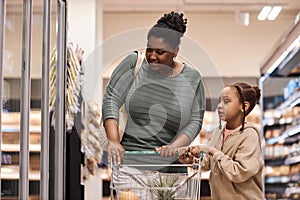 Black woman in supermarket shopping for groceries with little girl
