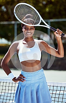 Black woman, tennis racket and outdoor portrait in summer with smile, sport training or fitness. Tennis court, happiness