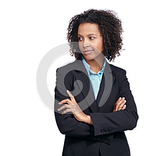 Black woman, thinking and business in studio with arms crossed, suit or idea by white background. Corporate leader woman