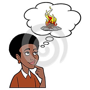 Black Woman thinking about a Campfire