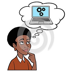 Black Woman thinking about a Computer
