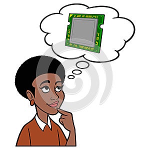 Black Woman thinking about a Computer Processor