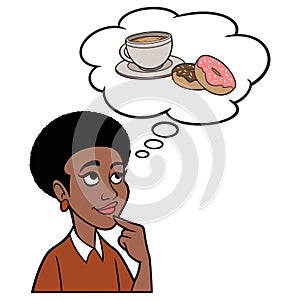 Black Woman thinking about Donuts and Coffee