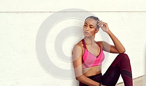 Black woman, thinking and exercise break in sportswear for fitness and healthy in New York. Lifestyle, female person and
