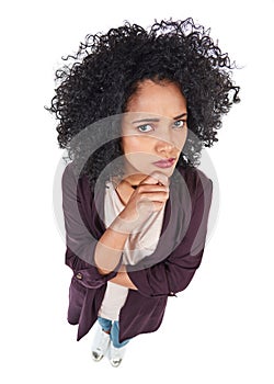 Black woman, thinking face and hands with top view for idea, question or doubt isolated in white background. African