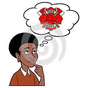 Black Woman thinking about a Firefighter Badge