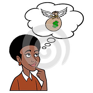 Black Woman thinking about a Flying Bag of Money