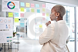 Black woman, thinking and glass board for project management, marketing or planning at office. African female person