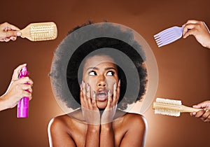 Black woman thinking of hair care, tools for natural afro and decision making of beauty products. Shocked african girl