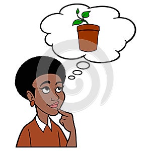 Black Woman thinking about a Potted Plant