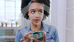 Black woman, thinking and smartphone for social media, connection and communication. Young female, Jamaican girl and