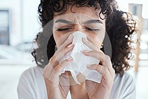 Black woman, tissue and nose with flu in home with self care, health and sneeze by blurred background. Gen z girl