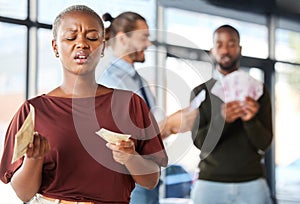 Black woman, unequal pay and confused by wages, paycheck and quote in office, frustrated and annoyed. Angry, woman and