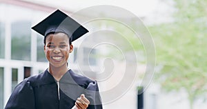 Black woman, university and graduation certificate or portrait of graduate on mock up or smile and college success