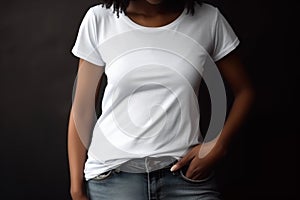 Black woman wearing white t-shirt and jeans. Image of the torso of a woman without a head