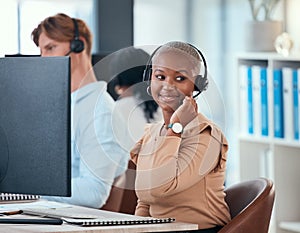 Black woman working in call center, customer service or online help desk office on conversation with client or customer