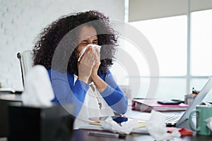 Black Woman Working from Home And Sneezing For Cold