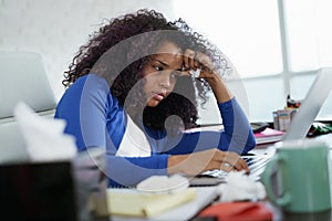 Black Woman Working from Home And Sneezing For Cold