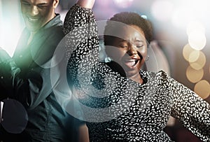 Black woman, wow or dancing on dance floor in party, nightclub event or bokeh disco for birthday celebration. Smile