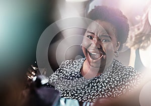 Black woman, wow or surprise face in party, nightclub event or bokeh disco in birthday celebration, New Year or concert