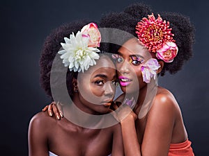 Black women, portrait and hair care or flower afro for organic blooming or sustainability, healthy or grey background