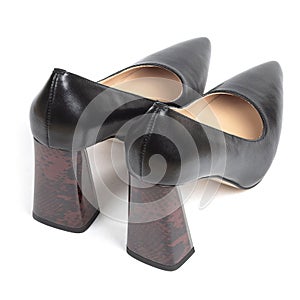 Black Women& x27;s Business Comfortable Leather Office Shoes with Wide Heel with Sharp toe on White Background