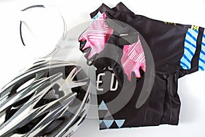 Black women's jersey eyeglasses, Pink gloves and Bicycle helmet.