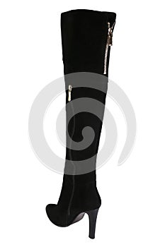 Black women& x27;s leather boots on a white background. Women& x27;s classic fashion spring and autumn high heel shoes