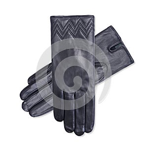 Black women`s leather  gloves isolated on white