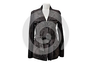 Black women`s leather nubuck jacket isolated on white background
