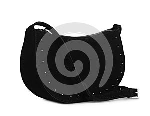 Black women`s suede hobo bag isolated on white