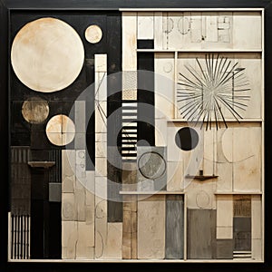 Black Wood Collage With Geometric Shapes In The Style Of Chicago Imagists
