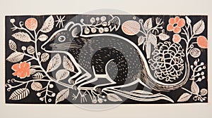 Black Woodcut Rat Print With Naturalistic Flora And Fauna Depictions