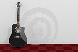 Black Wooden Acoustic Guitar in Room with Red Carpet Floor and W