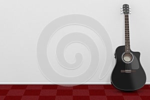 Black Wooden Acoustic Guitar in Room with Red Carpet Floor and W