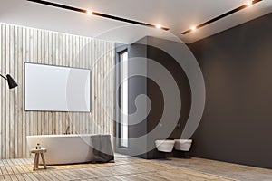 Black and wooden bathroom, poster and tub side