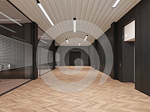 Black and wooden business hallway interior with glass doors and office room