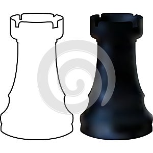 Black wooden chess figure rook isolated on white background. Chess piece Rook. Realistic vector illustration 3d and line