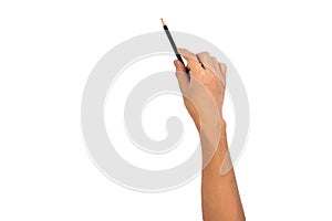 Black wooden classic pencil point up in asian boy hand isolated on white background. Close up of boy hand and black pencil for art