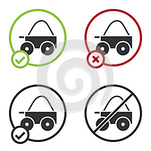 Black Wooden four-wheel cart with hay icon isolated on white background. Circle button. Vector