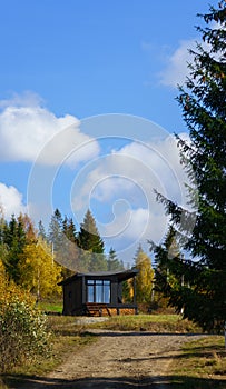 Black wooden house in colorful forest on Carpathian mountains in Ukraine with copy space