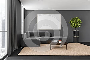 Black and wooden living room with corner sofa on carpet and plant near window