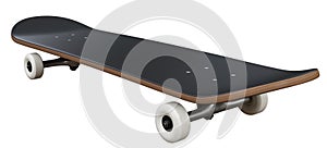 Black Wooden Skateboard With White Wheels, Half Turn View. 3D Illustration