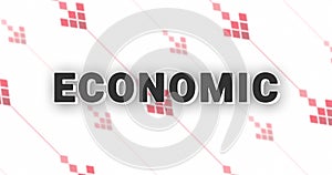 Black word economic morphs into recession on repeating looping pattern animation with falling red down arrows as background.