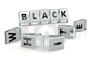 BLACK word written on glossy blocks and fallen over blurry blocks with WHITE letters, isolated on white background. What`s black