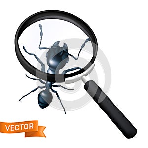 Black worker ant is explored under a magnifying glass. Head of an ant close-up with antennae and jaws. 3D realistic vector