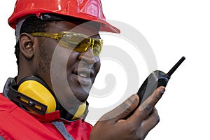 Black Worker In Protective Workwear With Radio Communication Equipment Isolated On White Background