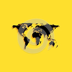 Black World map icon isolated on yellow background. Long shadow style. Vector