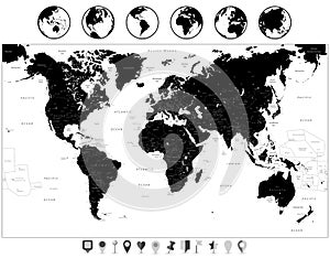 Black World Map and navigation icons isolated on white